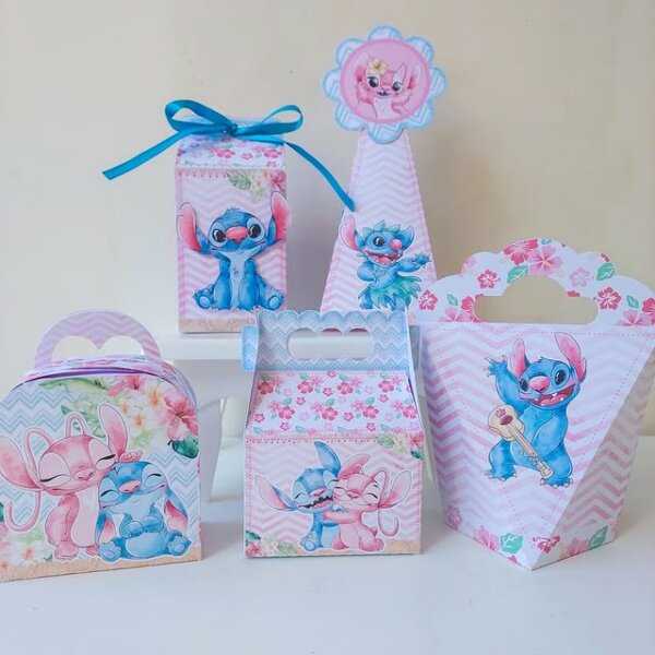 caixa lembrancinha festa infantil stitch e angel